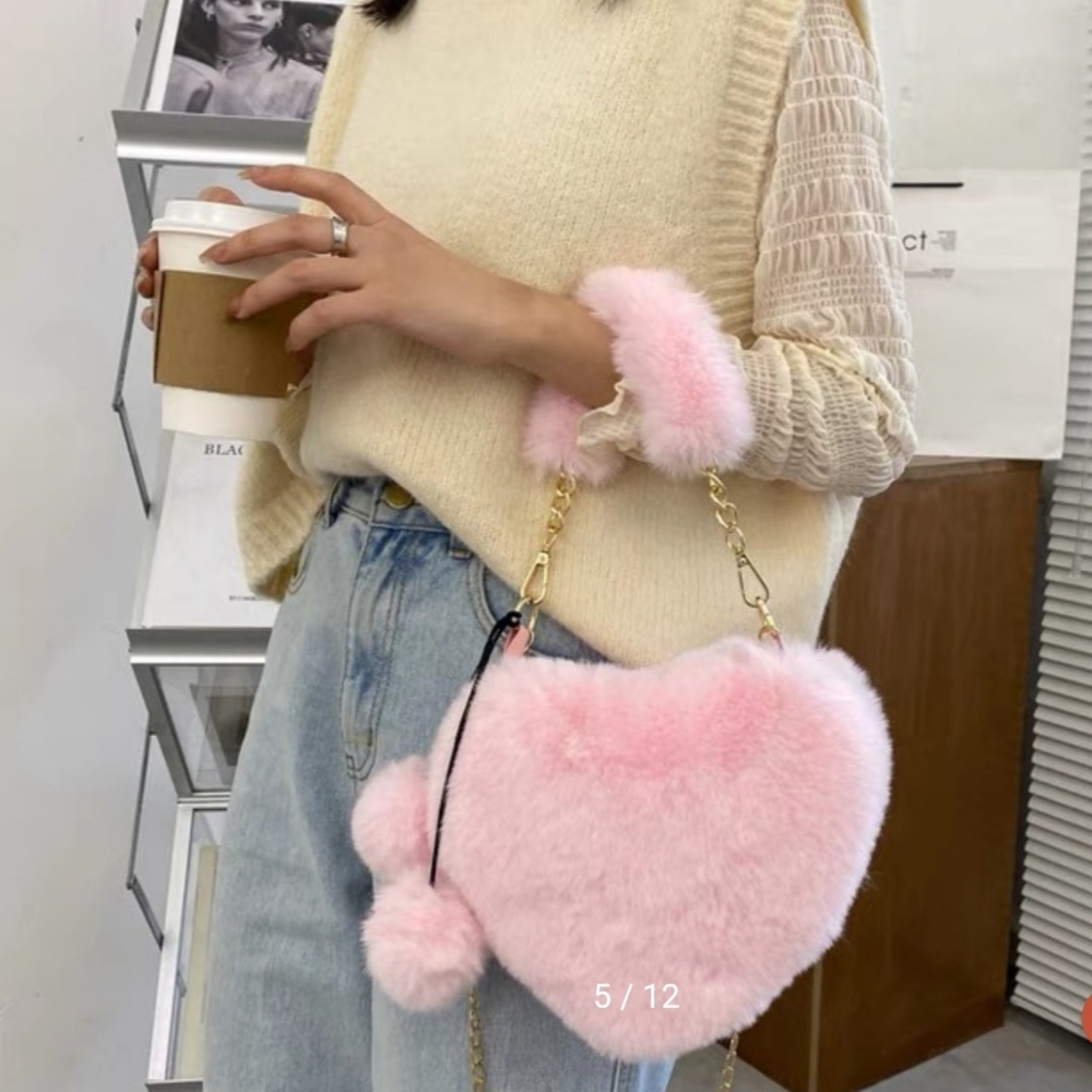 Heart-Shaped Faux Fur Bag W/Chain Straps NWT